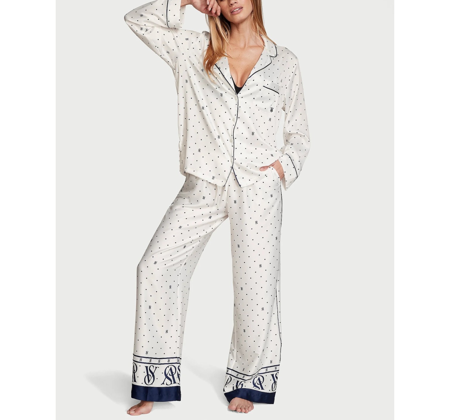 Пижама Satin Long Pajama Set Coconut White Dots