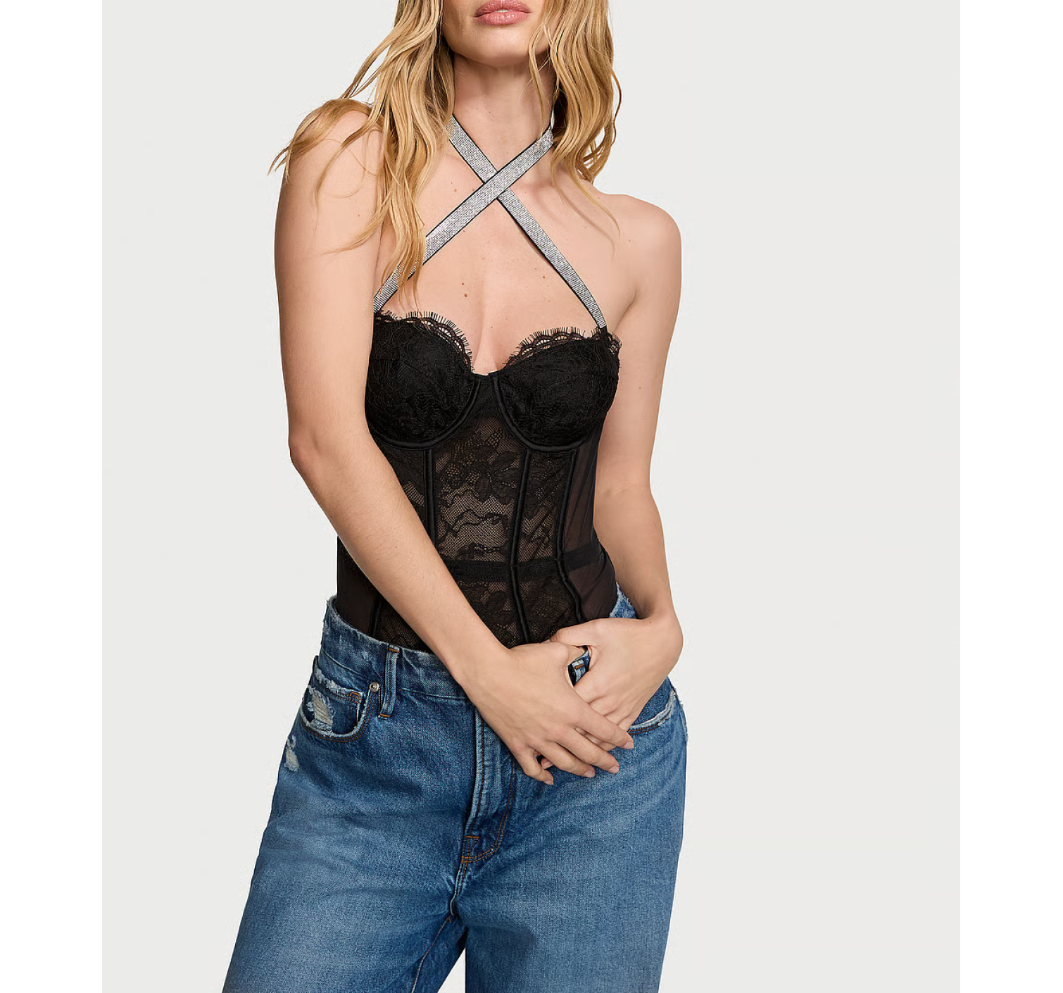 Боди Shine Strap Halter Lace Teddy Black