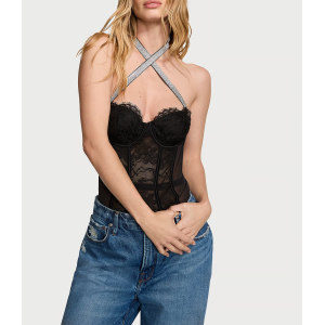 Боди Shine Strap Halter Lace Teddy Black