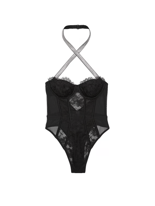 Боді Shine Strap Halter Lace Teddy Black