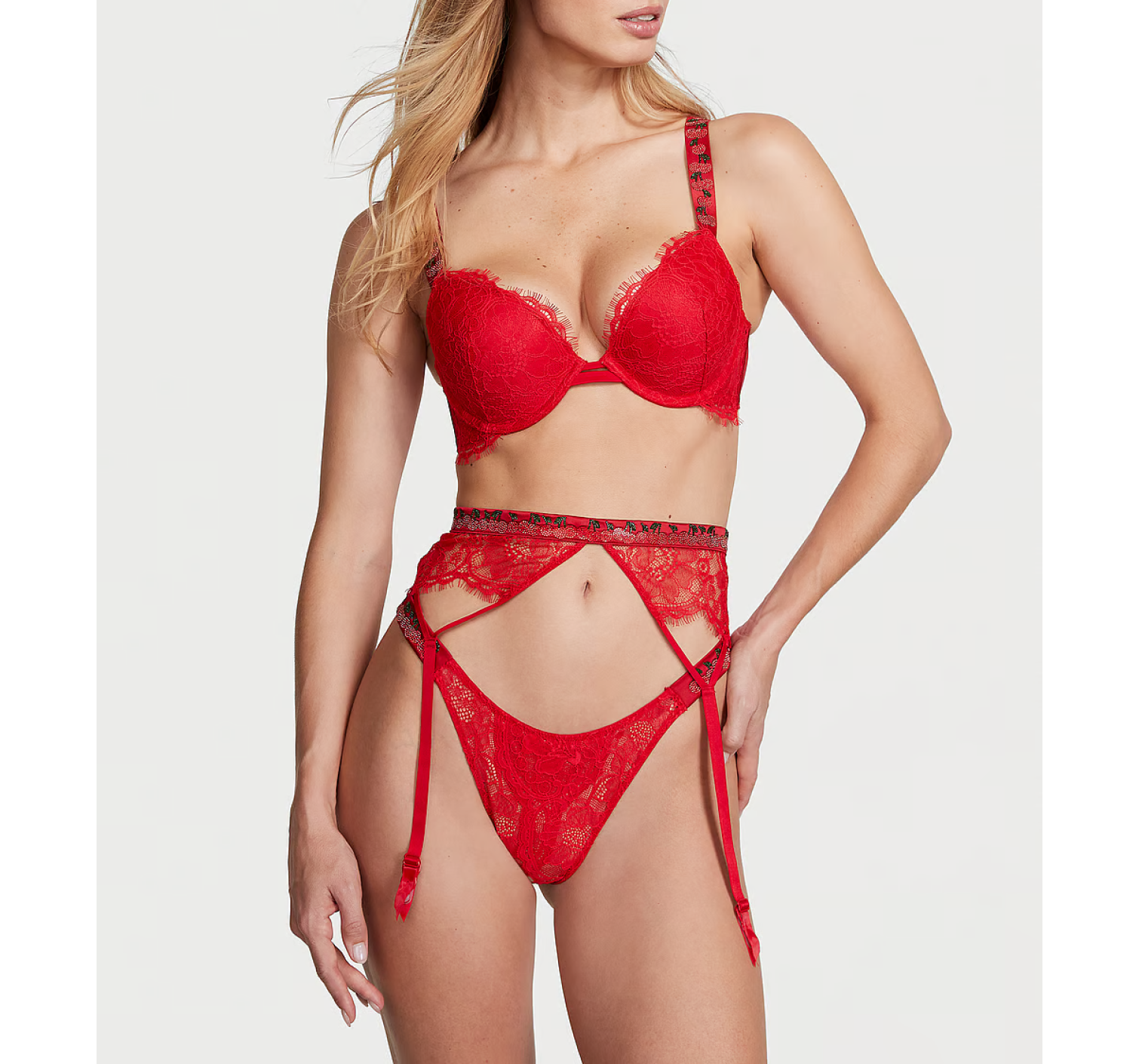 Комплект белья Shine Strap Lace Push-Up Bra Set Cherry Red