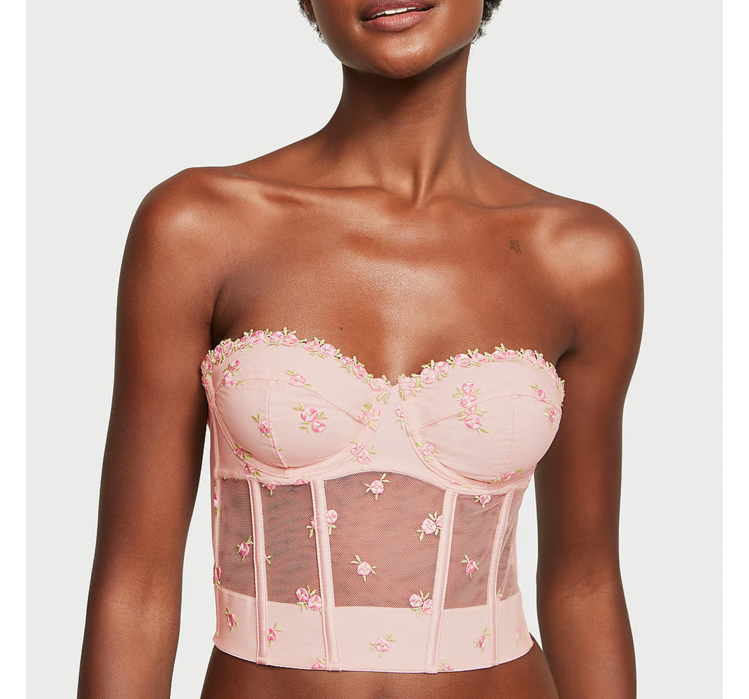 Комплект білизни Rosebud Embroidery Unlined Strapless Plunge-Back Corset Top Set Pink Fizz
