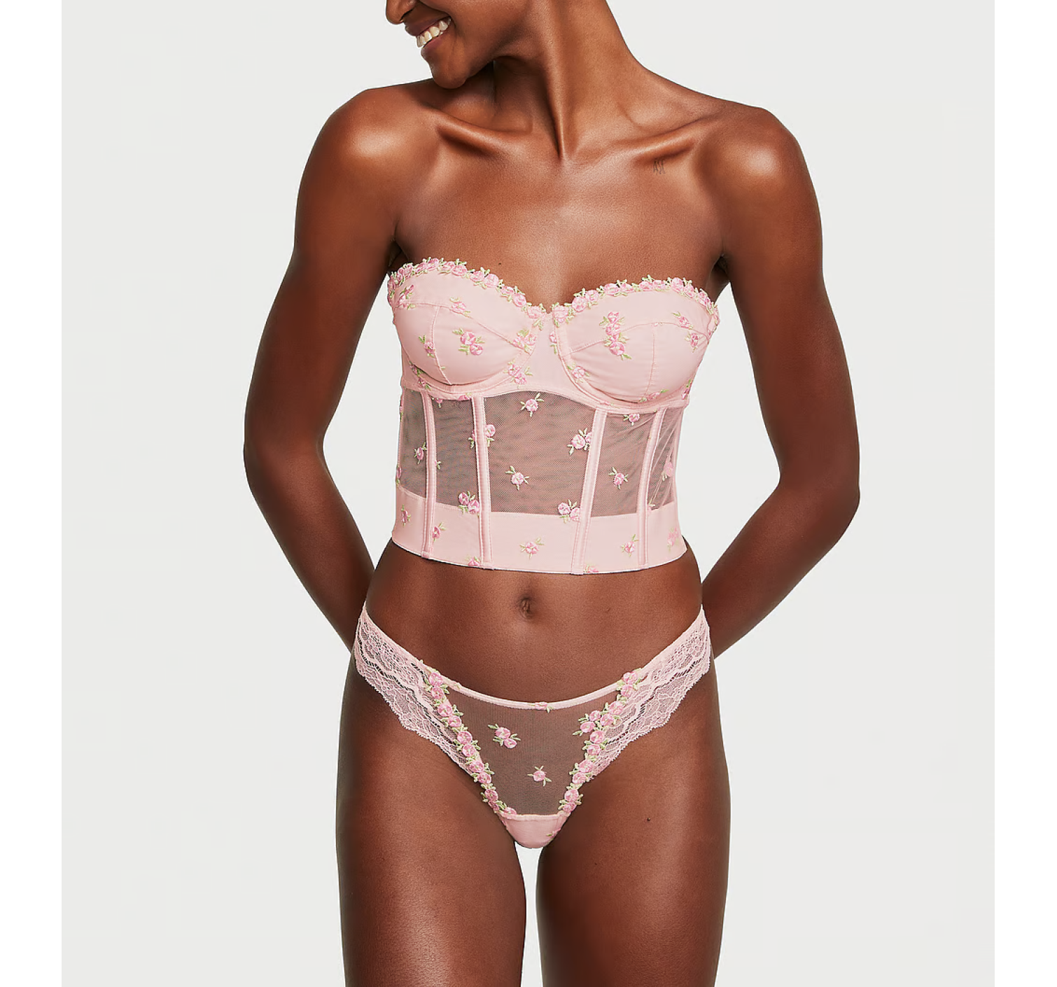 Комплект білизни Rosebud Embroidery Unlined Strapless Plunge-Back Corset Top Set Pink Fizz