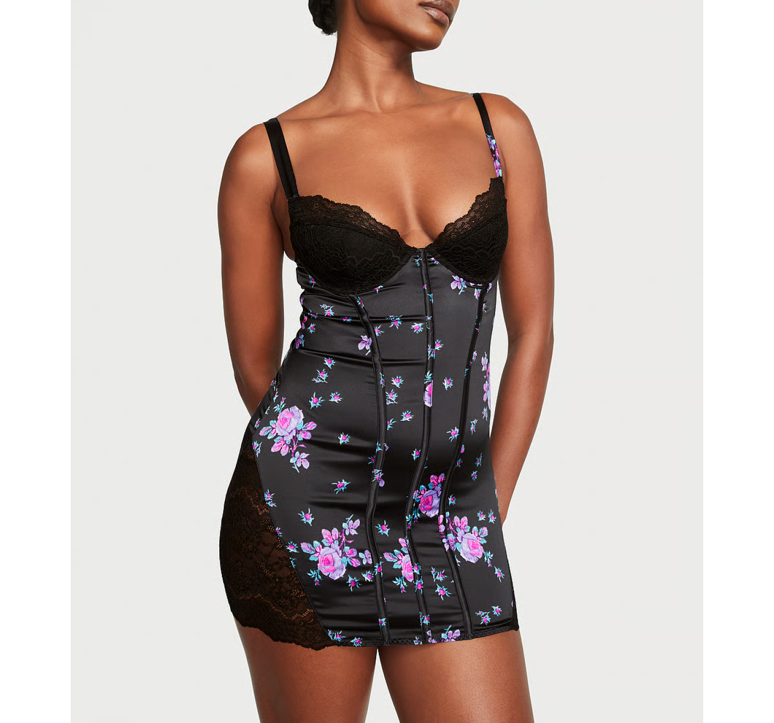 Пеньюар Stretch Satin Corset Mini Slip Black Floral