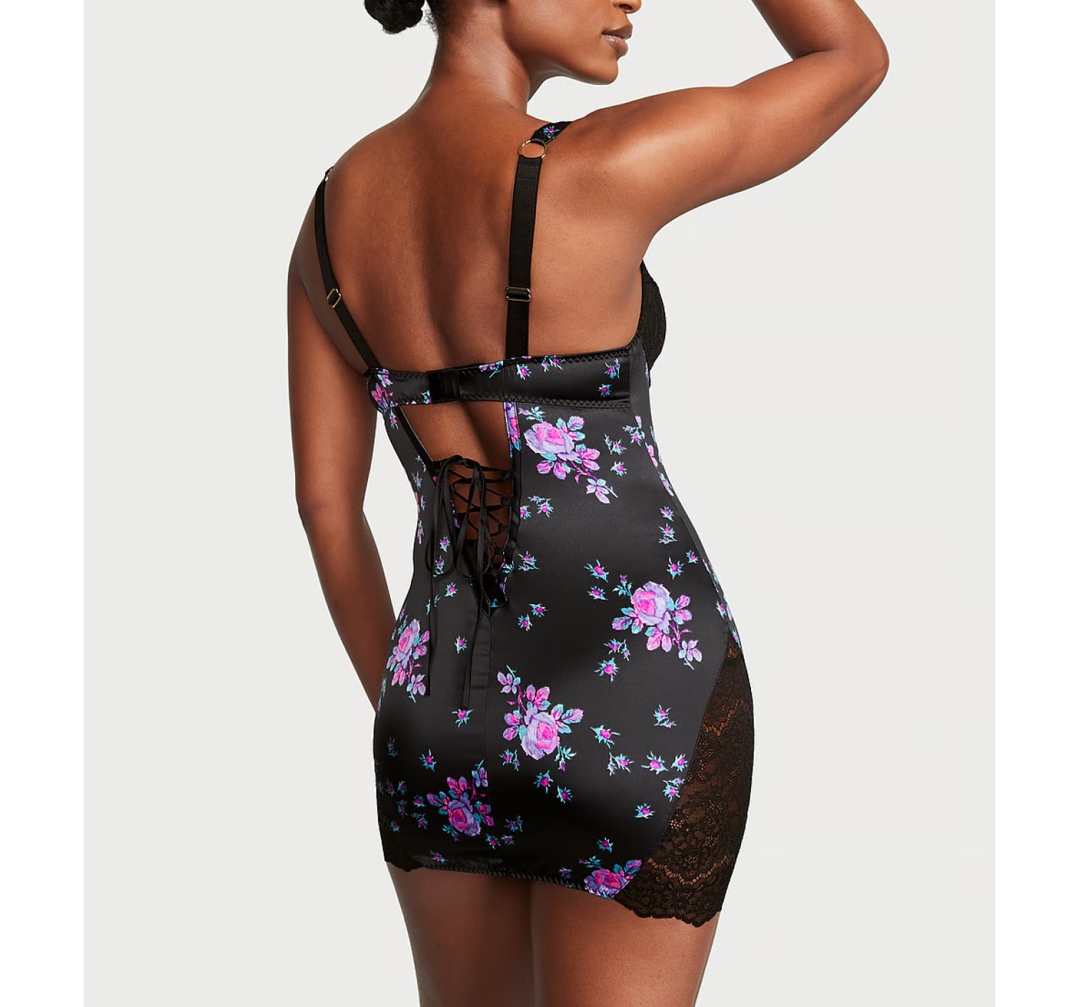 Пеньюар Stretch Satin Corset Mini Slip Black Floral