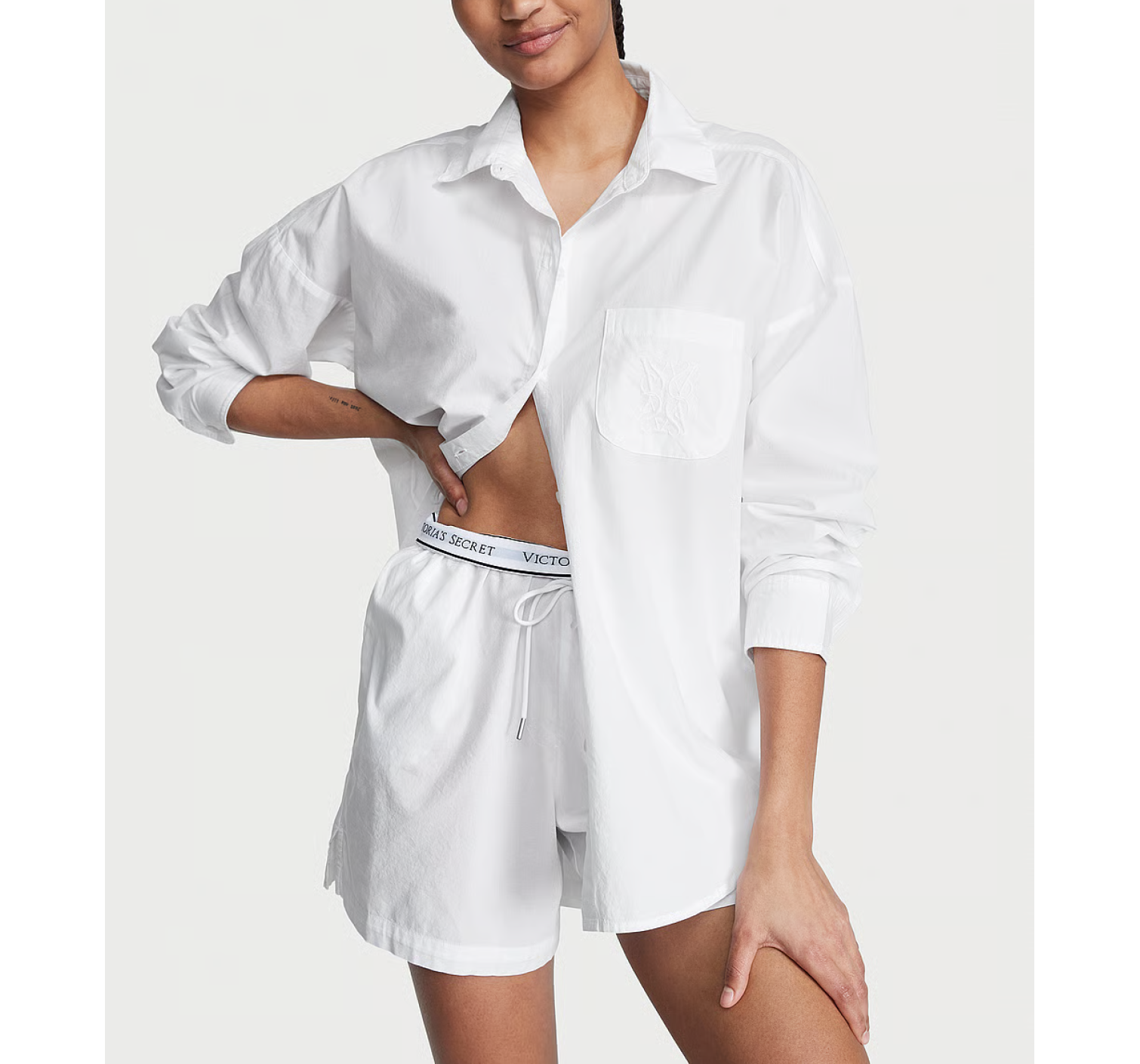 Піжама Cotton Long-Sleeve Shirt & Shorts Set Vs White