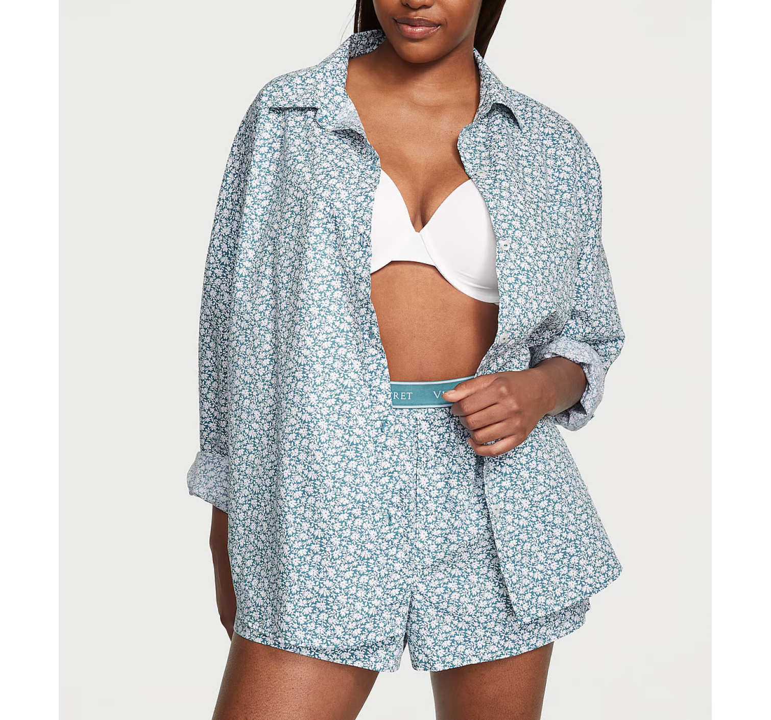 Піжама Cotton Long-Sleeve Shirt & Shorts Set Green Floral