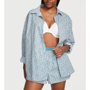 Піжама Cotton Long-Sleeve Shirt & Shorts Set Green Floral