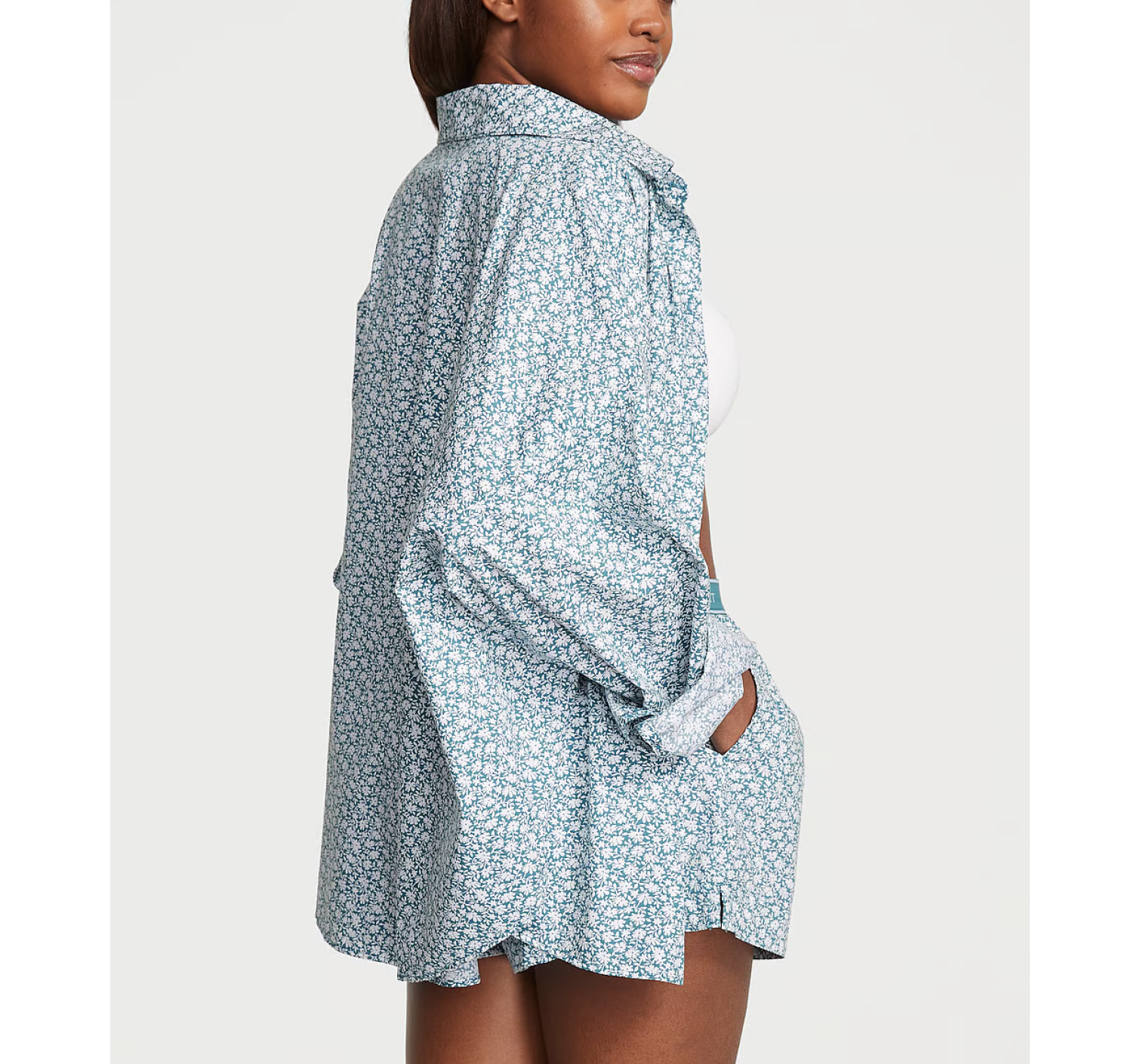 Піжама Cotton Long-Sleeve Shirt & Shorts Set Green Floral