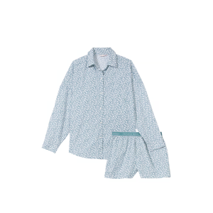 Піжама Cotton Long-Sleeve Shirt & Shorts Set Green Floral
