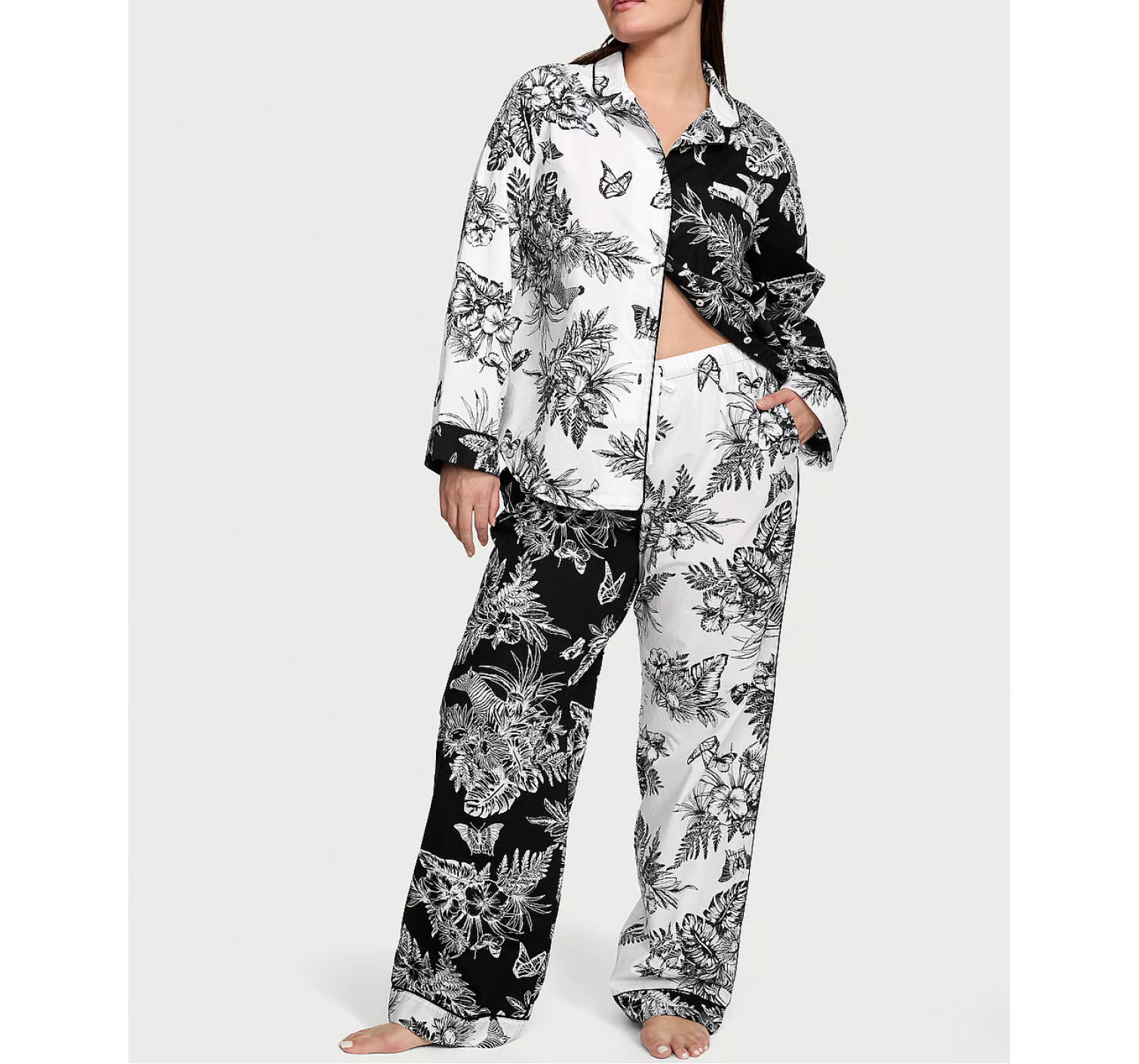 Пижама Cotton Long Pajama Set Black & White Tropical Toile