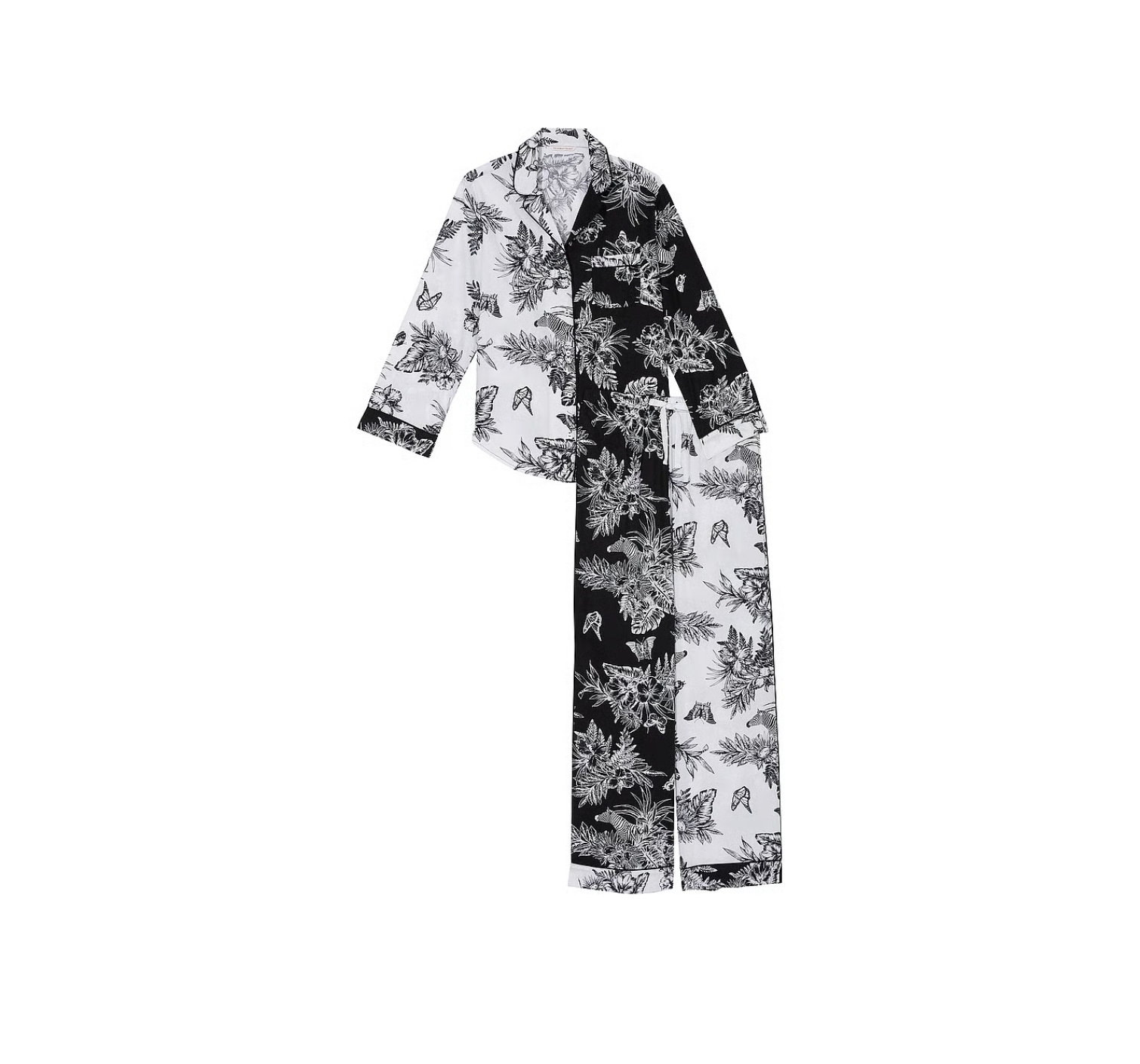 Пижама Cotton Long Pajama Set Black & White Tropical Toile
