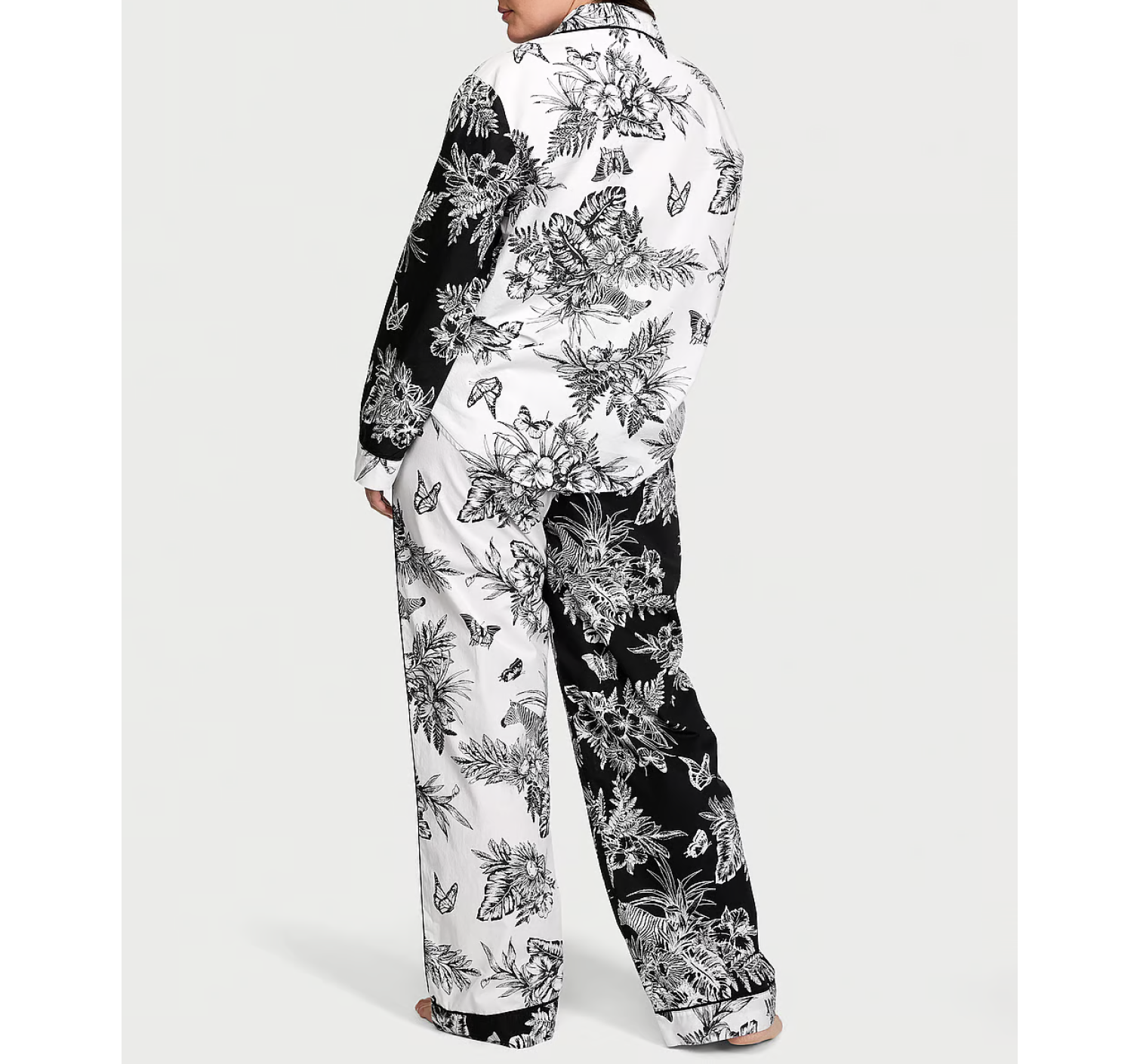 Пижама Cotton Long Pajama Set Black & White Tropical Toile