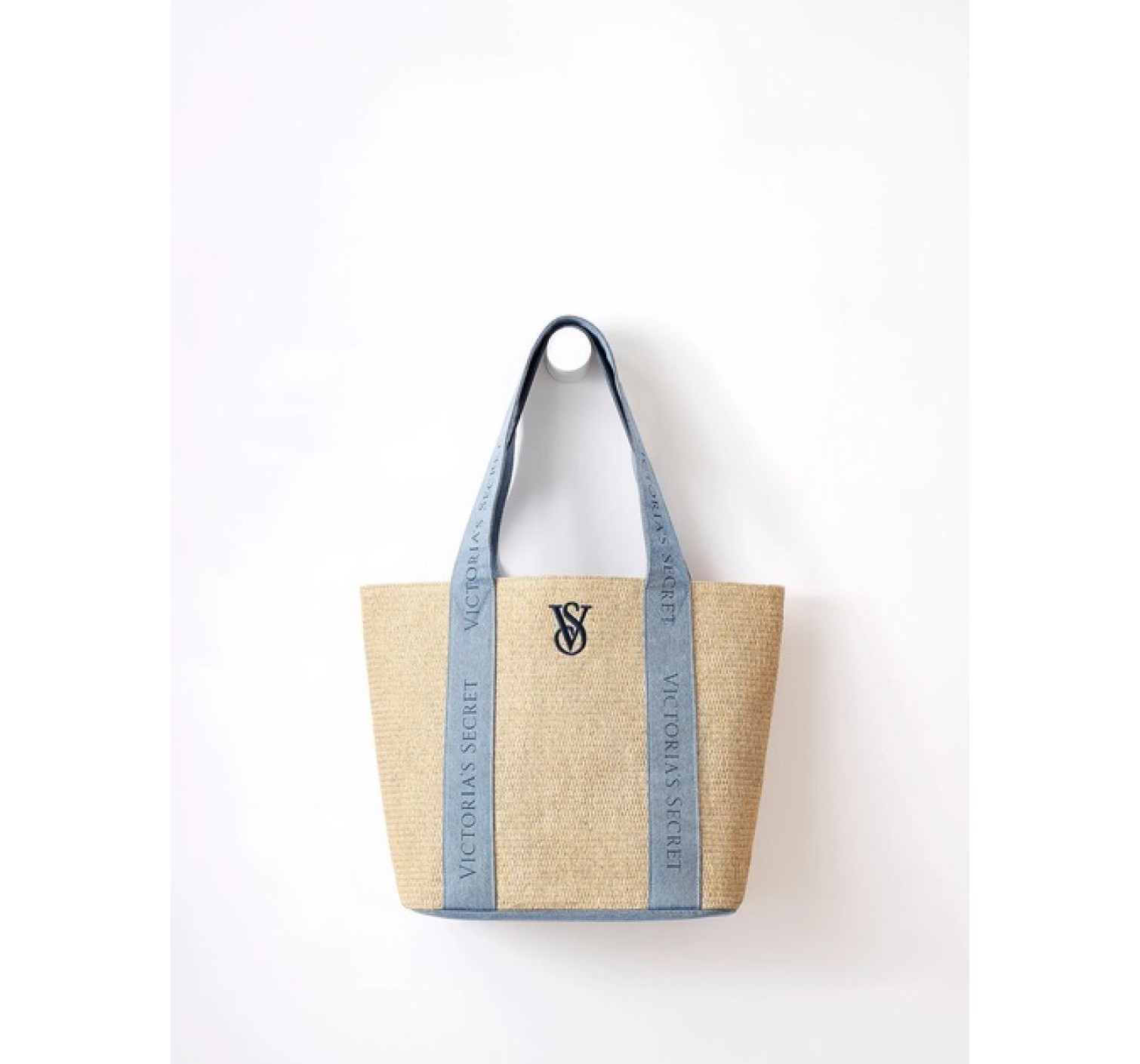 Сумка Victoria Secret Beach Tote Bag Pool Straw Raffia Woven Beige Blue Logo Large