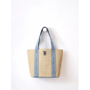 Сумка Victoria Secret Beach Tote Bag Pool Straw Raffia Woven Beige Blue Logo Large