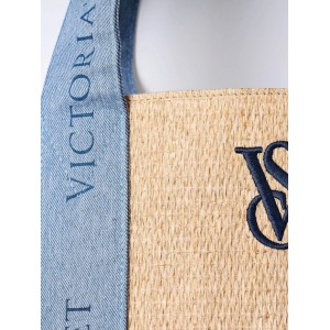Сумка Victoria Secret Beach Tote Bag Pool Straw Raffia Woven Beige Blue Logo Large