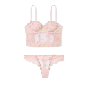 Комплект білизни Rosebud Embroidery Unlined Strapless Plunge-Back Corset Top Set Pink Fizz