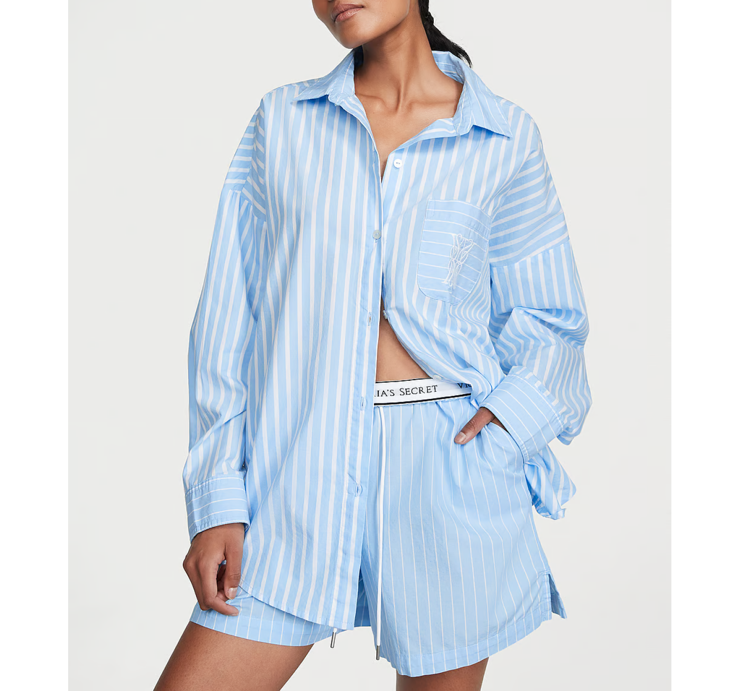 Пижама Cotton Long-Sleeve Shirt & Shorts Set Bikini Blue Stripes