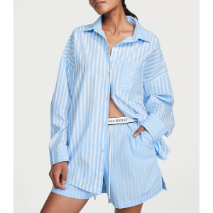 Пижама Cotton Long-Sleeve Shirt & Shorts Set Bikini Blue Stripes