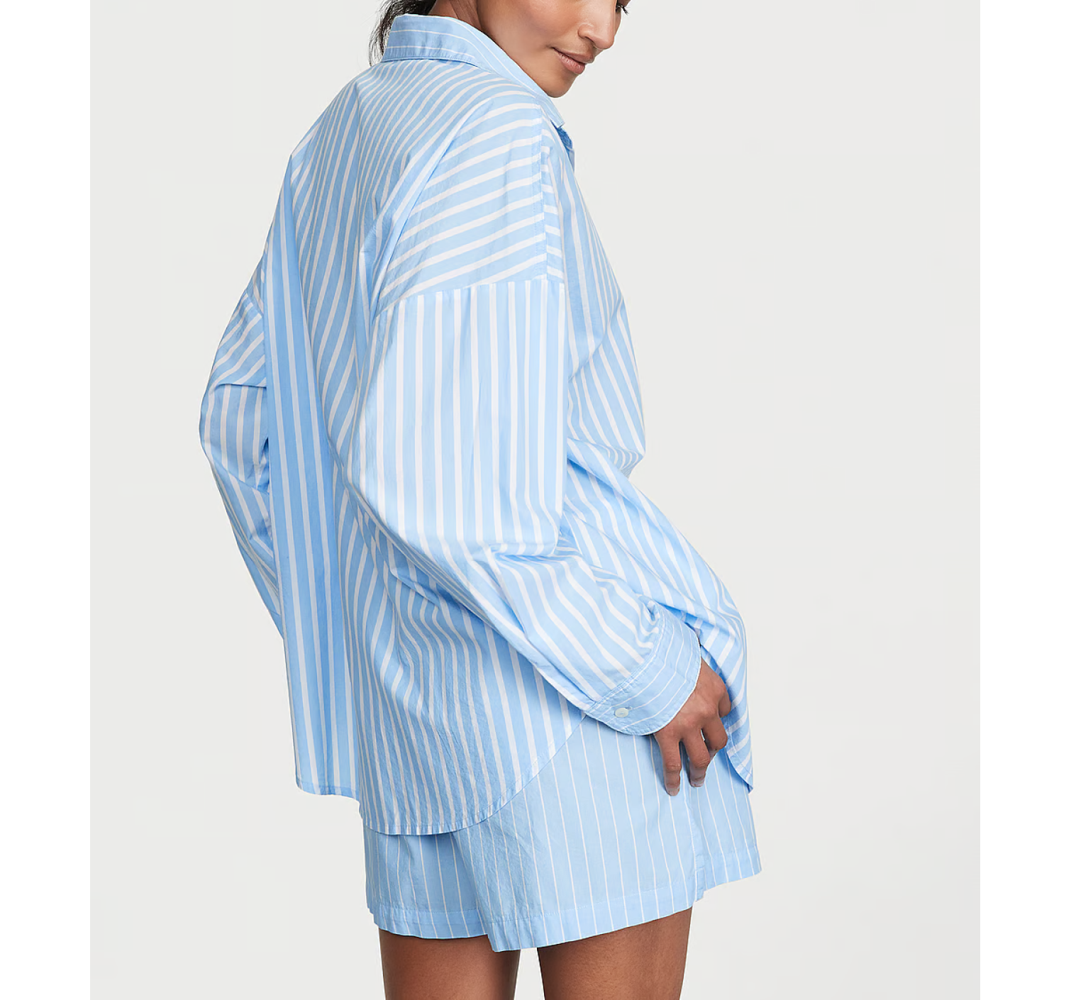 Пижама Cotton Long-Sleeve Shirt & Shorts Set Bikini Blue Stripes