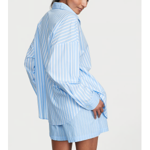 Пижама Cotton Long-Sleeve Shirt & Shorts Set Bikini Blue Stripes
