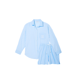 Пижама Cotton Long-Sleeve Shirt & Shorts Set Bikini Blue Stripes