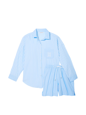 Пижама Cotton Long-Sleeve Shirt & Shorts Set Bikini Blue Stripes
