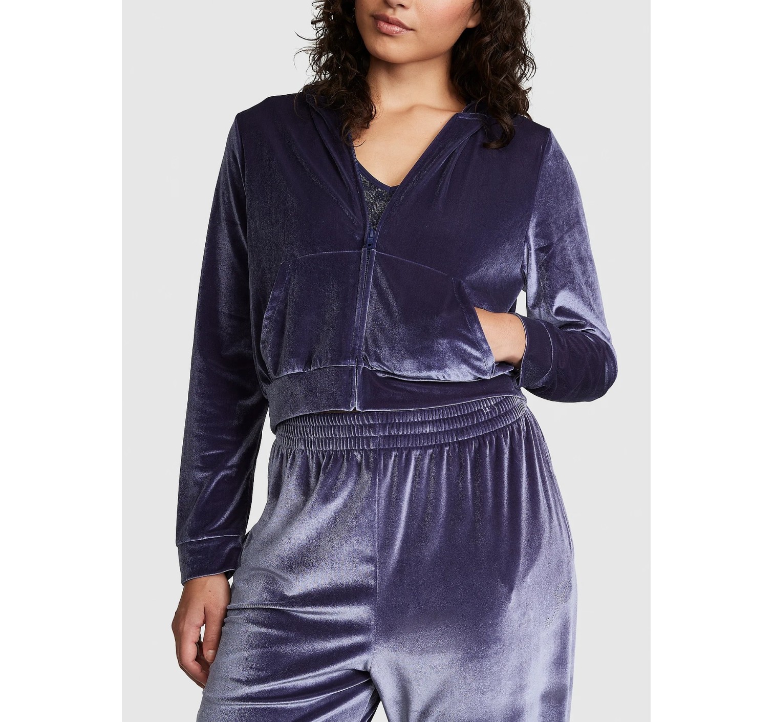 Спортивный костюм Velour Shine Logo Full-Zip Crop Hoodie Wide-Leg Midnight Navy