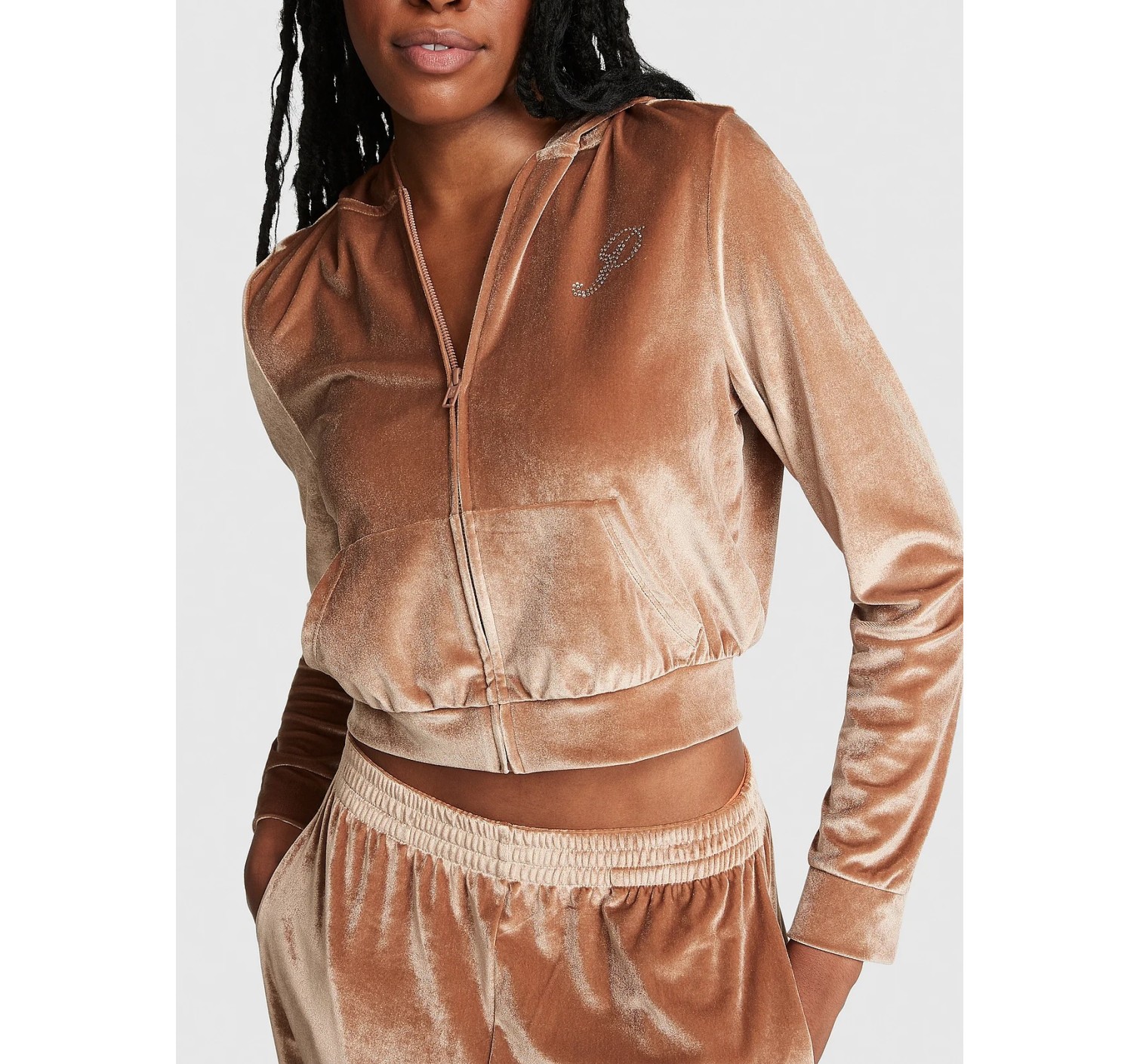 Спортивний костюм Velour Shine Logo Full-Zip Crop Hoodie Wide-Leg Caramel Kiss