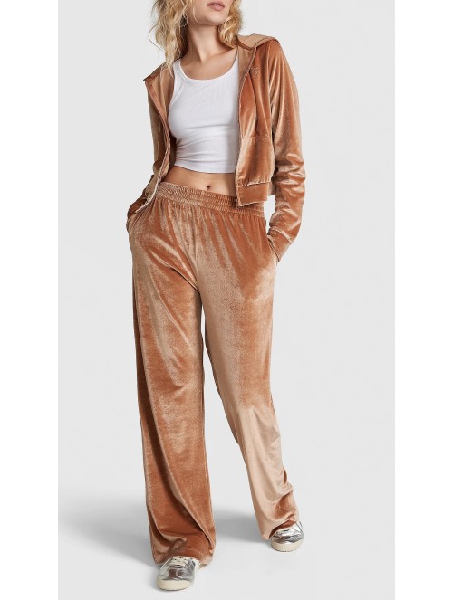 Спортивный костюм Velour Shine Logo Full-Zip Crop Hoodie Wide-Leg Caramel Kiss