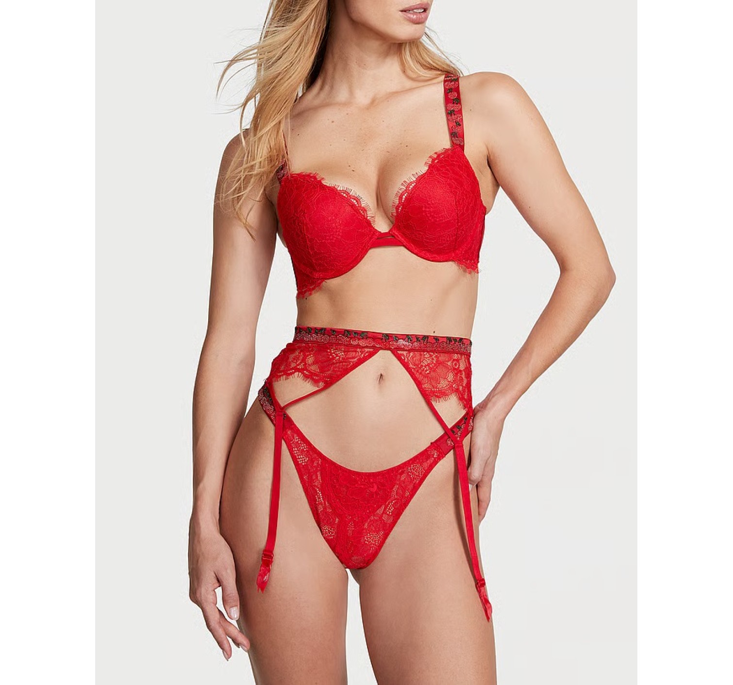 Комплект белья Shine Strap Lace Push-Up Bra Set Cherry Red