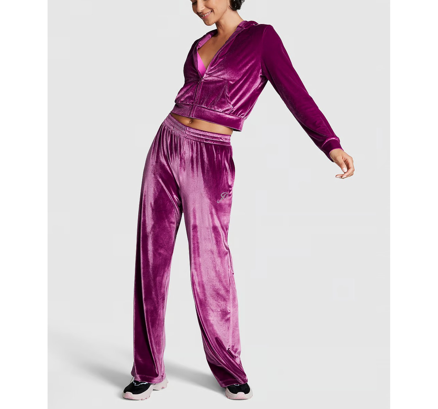 Спортивний костюм Velour Shine Logo Full-Zip Crop Hoodie Wide-Leg Vivid Magenta