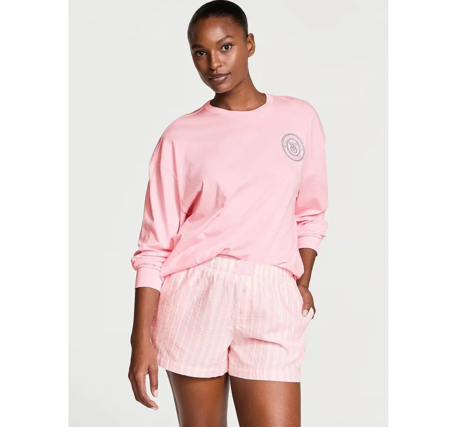 Пижама Flannel Long-sleeve Short Tee-Jama Set Pretty Blossom Stripes