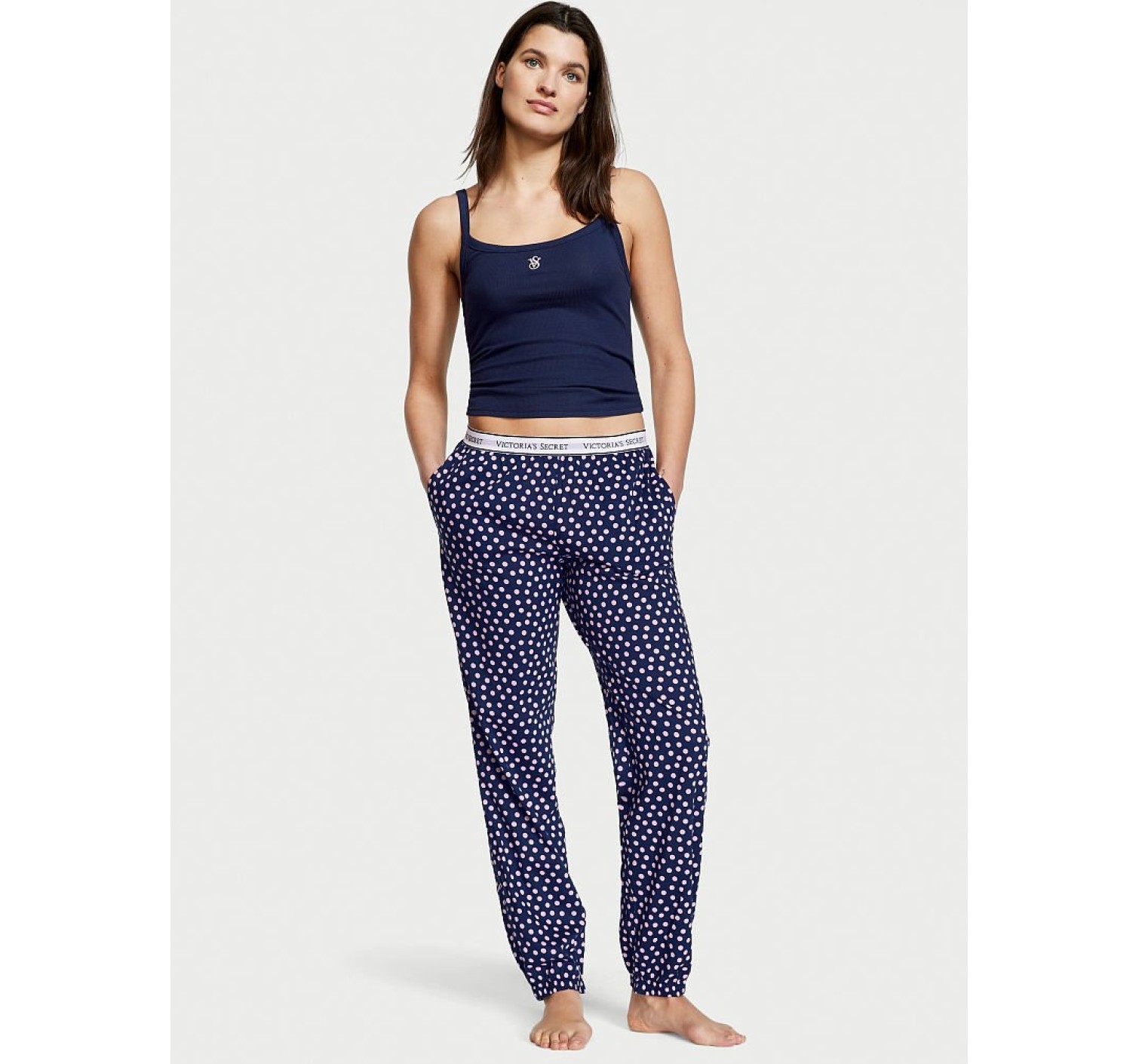 Піжама Cotton Tank Jogger Pajama Set Victoria's Secret Ensign Navy Polka Dot