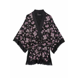 Чорний сатиновий халат Victoria's Secret Lace Inset Robe Floral print