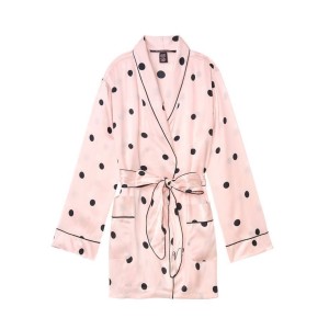 Шелковый халат Виктория Сикрет Silk Robe Pink & Black dot 