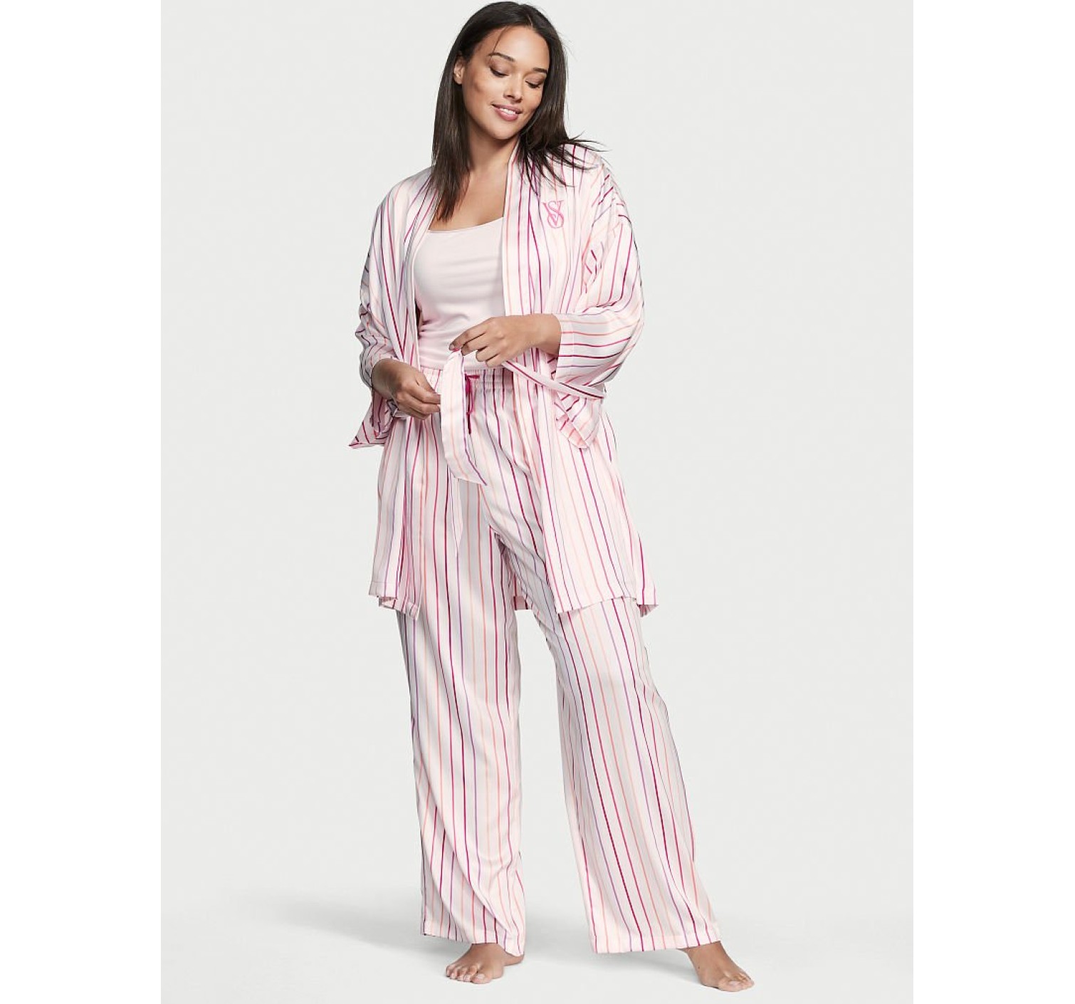 Атласная пижама с штанами 3-Piece PJ Set Pink logo Victoria’s Secret