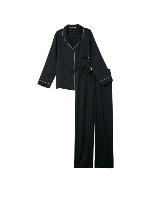 Сатиновая пижама Satin Long Pj set Black Logo Jacquard
