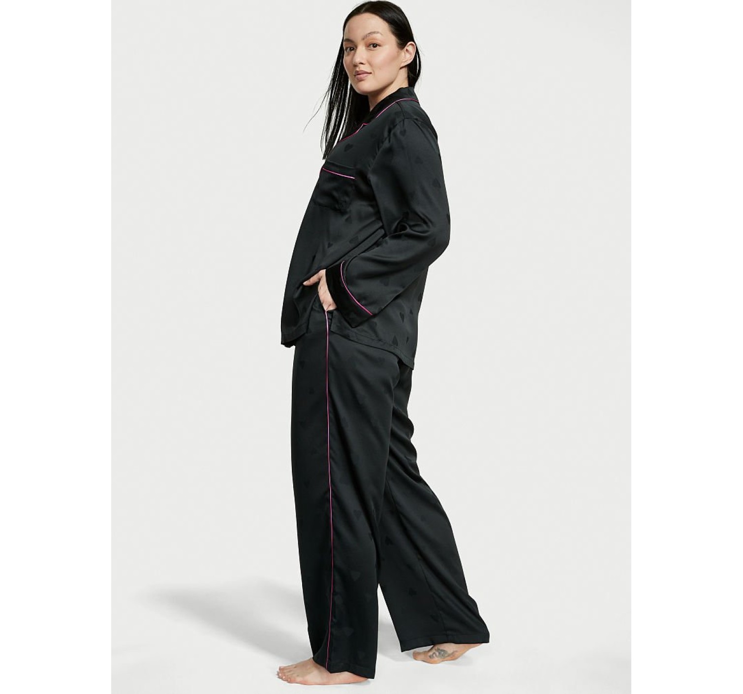 Сатиновая пижама Satin Long Pj set Black Heart Jacquard