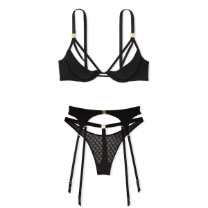 Комплект белья Logo Lace Open-Cup Demi Bra Garter Black Set