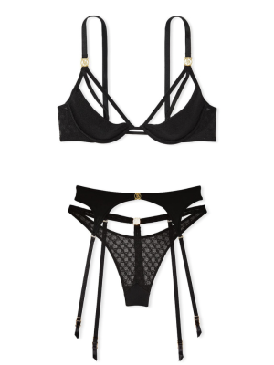 Комплект белья Logo Lace Open-Cup Demi Bra Garter Black Set