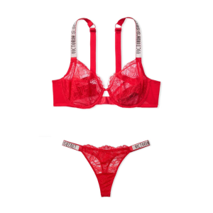 Комплект белья Unlined Lace Shine Strap 3-Piece Full Cup Demi Bra Set Lipstick