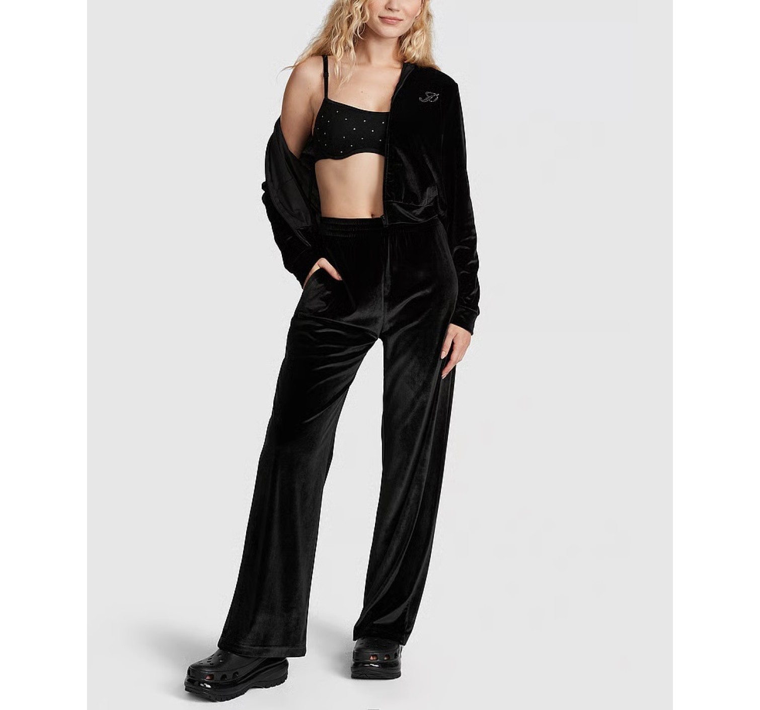 Спортивный костюм Velour Shine Logo Full-Zip Crop Hoodie Wide-Leg Black