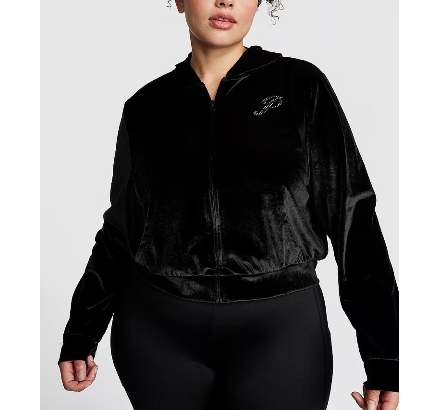 Спортивный костюм Velour Shine Logo Full-Zip Crop Hoodie Wide-Leg Black