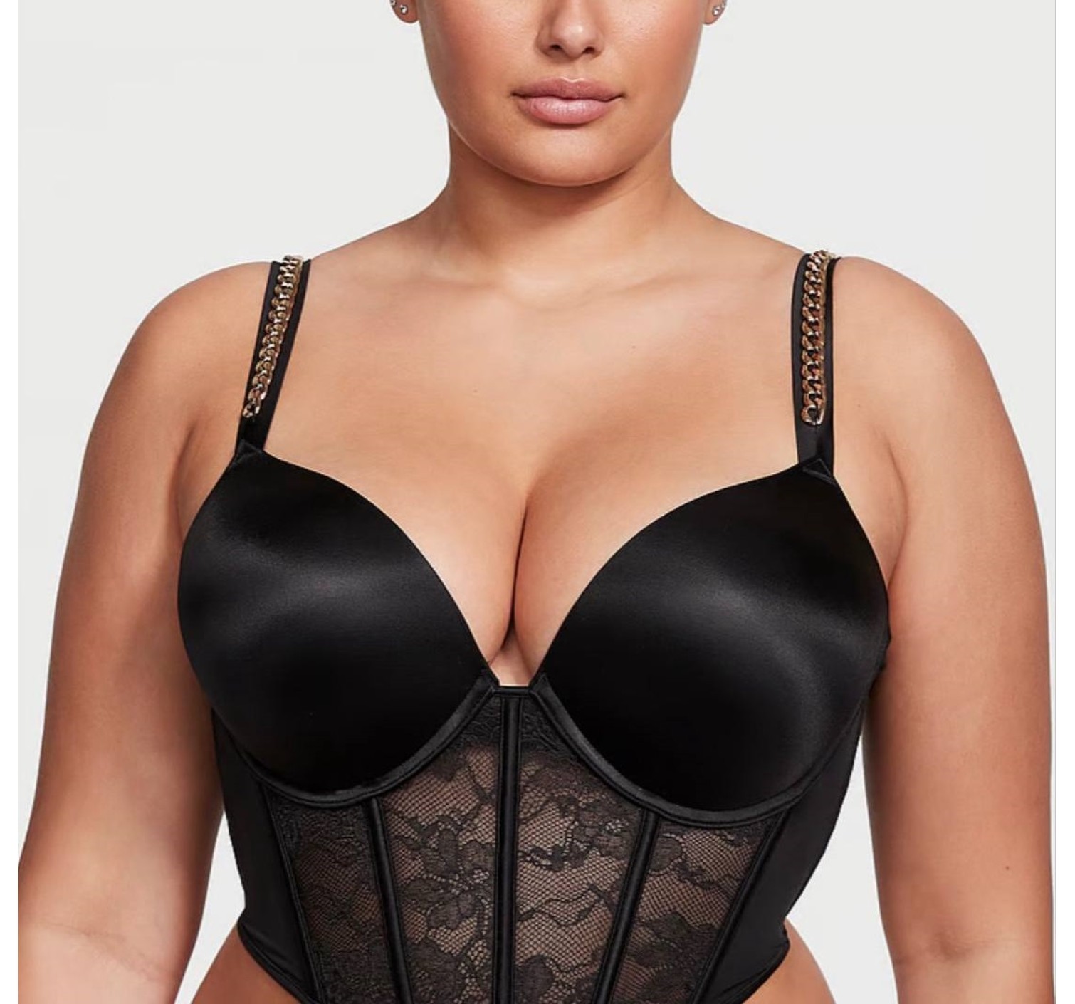 Комплект белья Bombshell Add-2-Cups Chain Strap Corset Top Black Thong Set