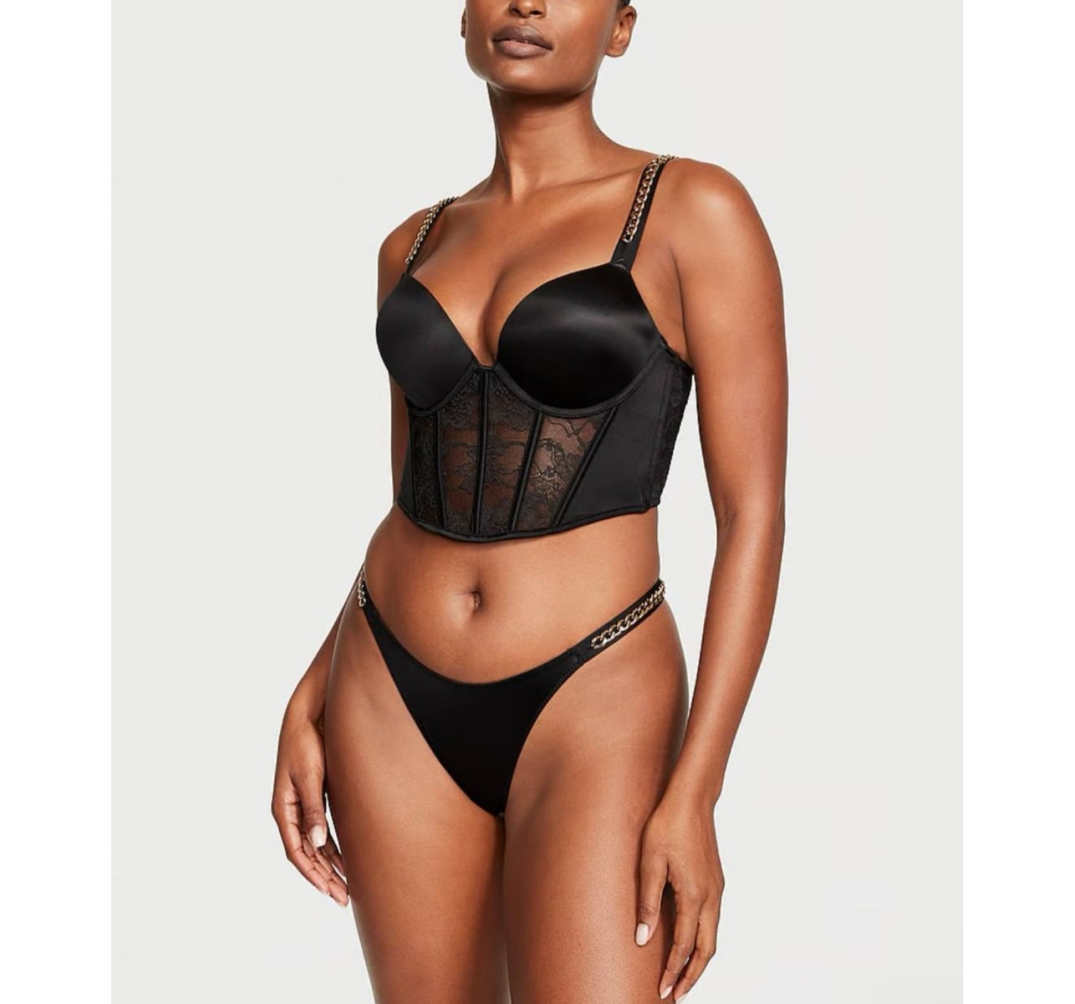 Комплект белья Bombshell Add-2-Cups Chain Strap Corset Top Black Thong Set
