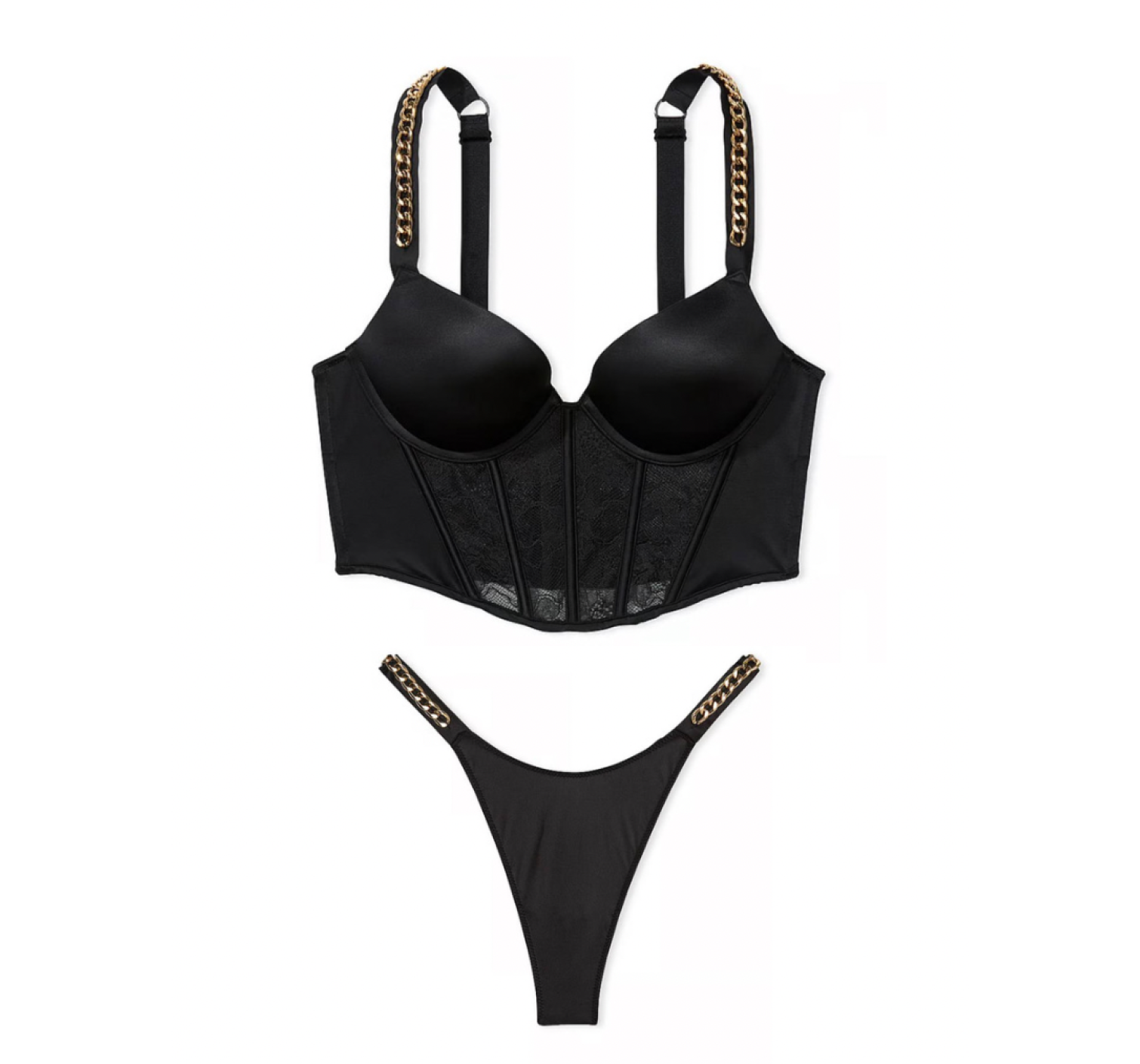Комплект белья Bombshell Add-2-Cups Chain Strap Corset Top Black Thong Set