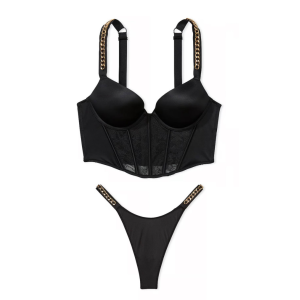 Комплект белья Bombshell Add-2-Cups Chain Strap Corset Top Black Thong Set