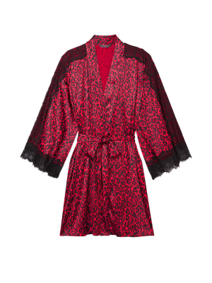 Сатиновый халат Lace Inset Robe Red Leopard