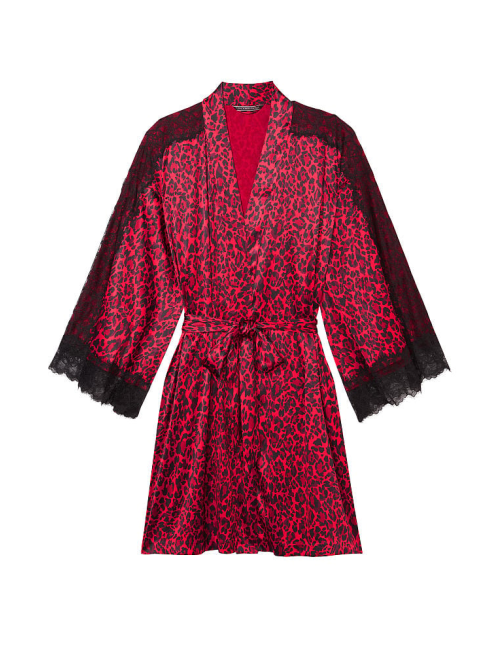 Сатиновый халат Lace Inset Robe Red Leopard